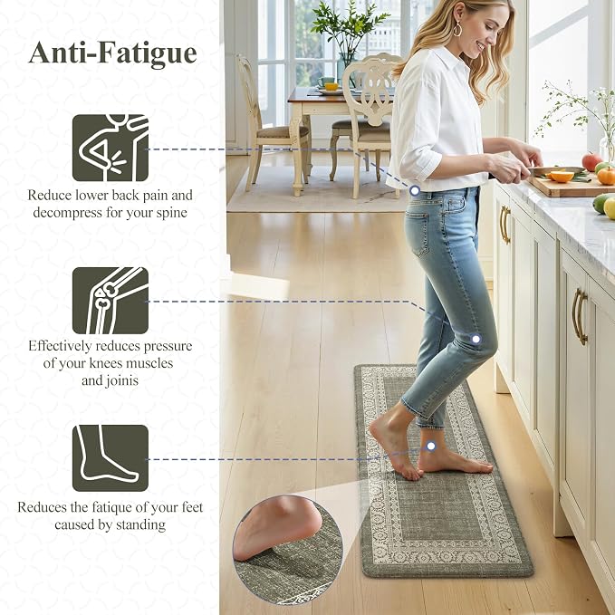 LEEVAN Anti Fatigue Kitchen Mats for Floor, Cushioned Kitchen Mat Set 2PCS | 17.3"x29"+17.3"x47", Boho Floral Green Kitchen Rugs Non-Slip, Waterproof Ergonomic Standing Mats for Laundry, Office & Sink
