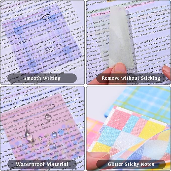 192 Sheets Transparent Sticky Notes, 3 x 3 Clear Self-Stick Note Glitter, Waterproof Translucent Memo Pads, See Through Self-Adhesive Note for Office School (Multicolored Plaid)