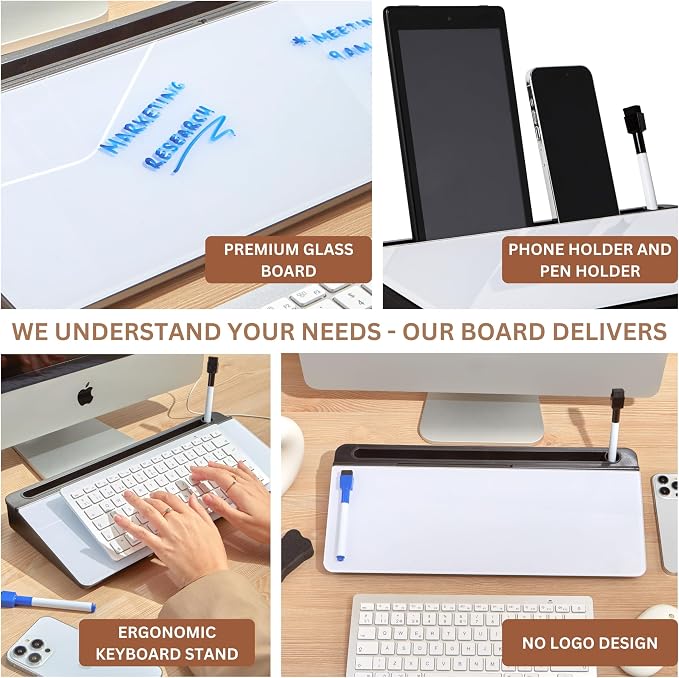 GAROOD Desktop Dry Erase Board with Storage (Black Base) Desk White Board Desk Board Glass Desktop White Board with Stand Home Office Organizer Phone Holder 15.8X7X2 inches
