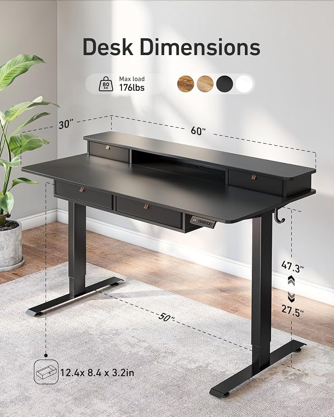 FEZIBO 60 x 30 inch Standing Desk with Drawers, Height Adjustable Electric Workstation, Computer Sit Stand Up Table with Large Storage Shelf 4 Drawers and 2 Hooks, Black | Height Adjustable Workstation, Computer Sit Stand Up Office Table with Large Sto...