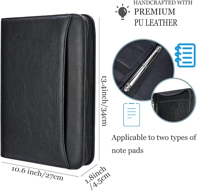 Zippered Padfolio Binder, Faux Leather Organizer with 3-Ring Binder, Left-Handed Design, Business Card Slots & Document Folders - Professional Padfolio for Office (Black)