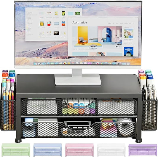 OPNICE Desk Organizer and Accessories, 2-Tier Computer Monitor Stand Riser with Drawer and 2 Pen Holders, Laptop Stand, Office Desk Accessories for Office Supplies, Black Double-Drawer & Dual Pen Holders