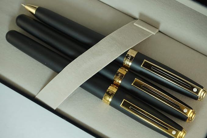 Sheaffer Signature Prelude Satin Black and 22KT Gold Appointment Solid 14kt Gold Medium Nib Fountain Pen, Rollerball Pen, 0.7MM Pencil