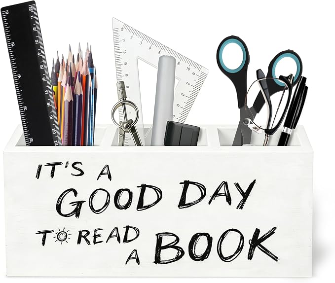 Bookmark Wooden Pen Holder for Desk, Bookish Bookworm Librarian Gifts, It's a Good Day to Read a Book Pencil Organizer Wooden Box Sign for Reading Room Library Classroom Decoration