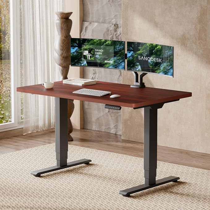 SANODESK Dual Motor Standing Desk 220lbs Height Adjustable Desk | 48"x30" Spacious One-Piece Mahogany Desktop & Black Frame, 4 Memory Presets, 3-Stage Legs, 220lbs, 2-Box for Home & Office