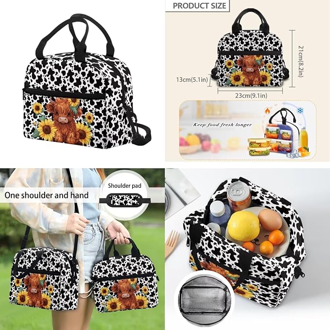 ZFRXIGN Highland Cow Kids Backpack for Boys Bookbag with Cute Pendant 17inch Elementary School Girls Bag and Insulated Lunch Box Portable Pencil Case Cow Print