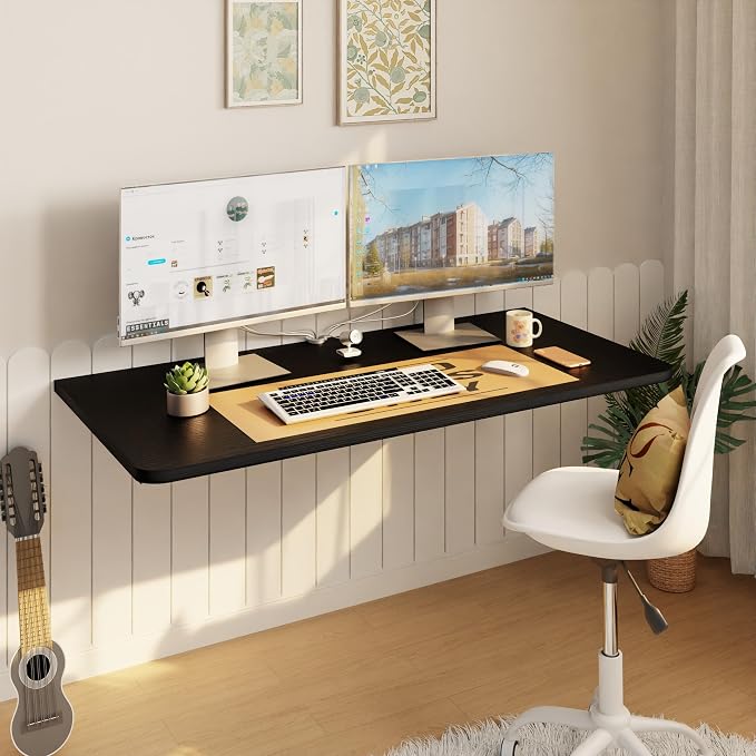 IAE Wall Mounted Floating Foldable Desk, 36" x 22" Folding Computer Workstation Table with Engineered Wood and Metal Shelf Brackets,Fold&Floating Design for Home Office, Apartment,Laundry Room,Black