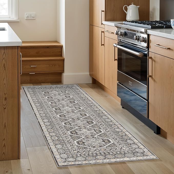 2x5 Runner Rug Kitchen Washable:Oriental Indoor Hallway Runners with Non Slip Backing Floor Mat for Entryway Door Low Pile Thin Carpet for Bedroom Bathroom Living Room Bedside (Black, 2x5)