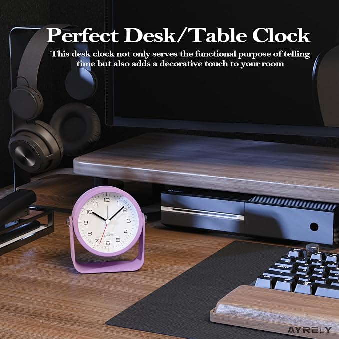 AYRELY® 3.5" Small Analog Travel Alarm Clock, Battery Operated Desk Clock | Cute Table Clock with Light, Adjustable Angle, Bedside, Bedrooms, Kids' Rooms and Living Room Decor (Purple)