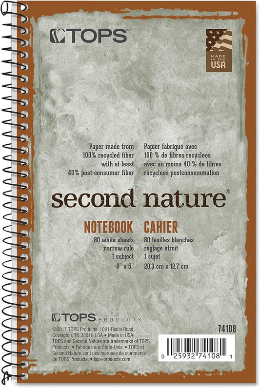 TOPS Second Nature Notebook, Recycled, 5 x 8 Inches, Narrow Rule, 80 Sheets per Book, Green Cover (74108)