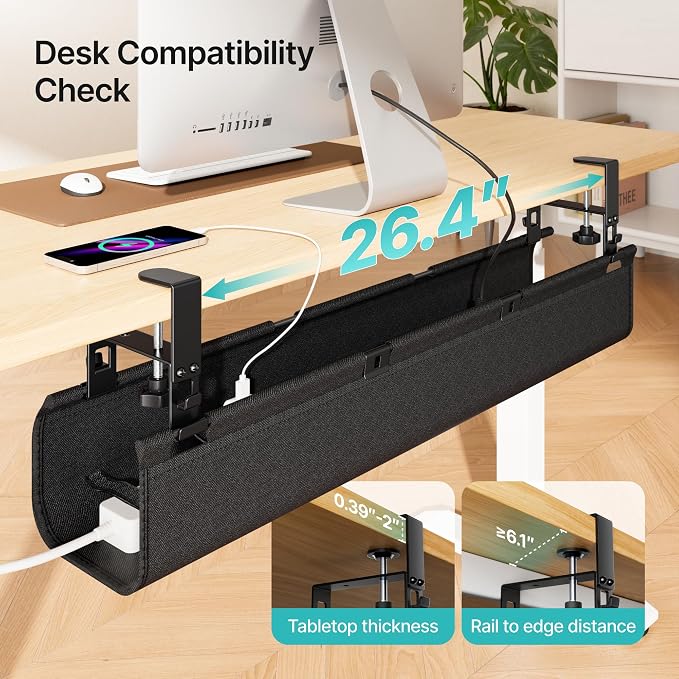No Drill Under Desk Cable Management Tray, 31.5" Fabric Organizer | Clamp/Screw Premium Mount Cord Holder, for Power Strips, Adapters, with 2 Hooks & 1 Tie Roll for Home Office Gaming, Black
