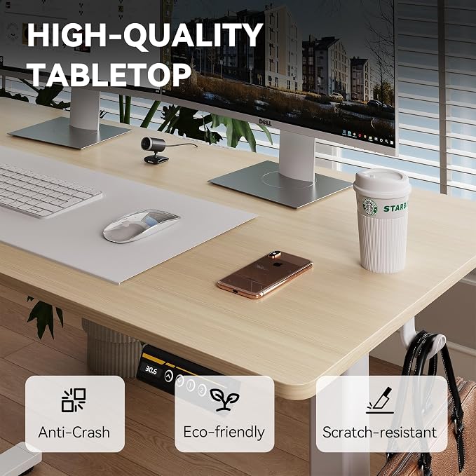 Electric Standing Desk,48x24 Inches Adjustable Height Stand up Desk, Sit Stand Home Office Desk with Splice Board, 3 Preset Heights,Equipped with Hooks,Ergonomic Computer Workstation，Nature