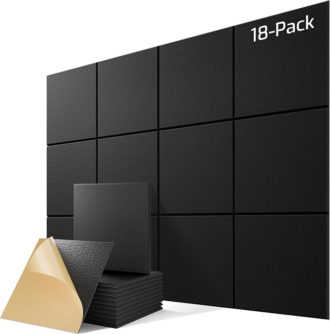 18 Pack Self-Adhesive Sound Proof Foam Panels for Walls 12"x12"x0.4" Fabric | High-Density Acoustic Panels, Noise Reducing Soundproof Wall Panels for Home Studio, Office, Easy-Install Black