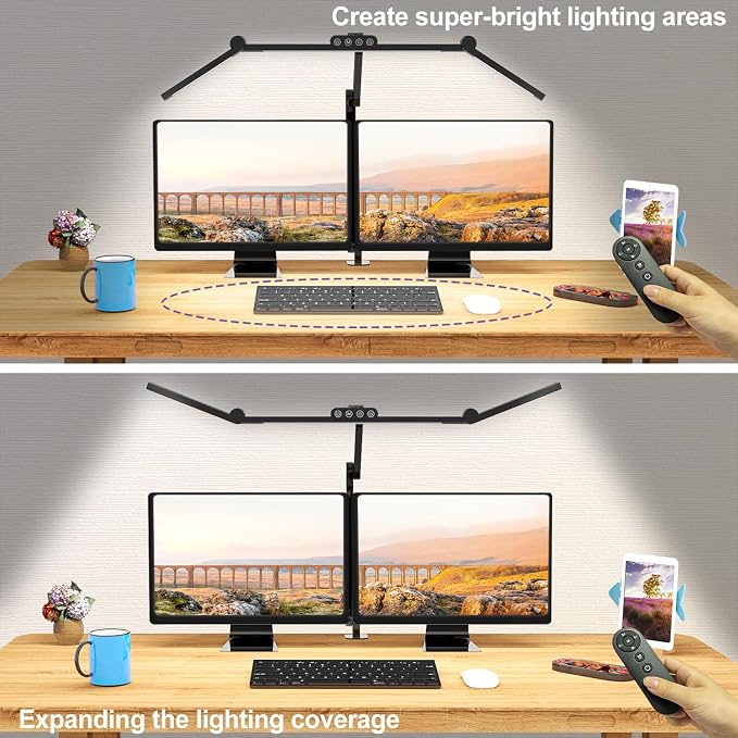 Micomlan Desk Lamp with Clamp, Architect Led Desk Lamp for Home Office with Remote Control, 24W Ultra Bright Auto Dimming Computer Light Adjustable Table Light for Working Workbench (Remote)