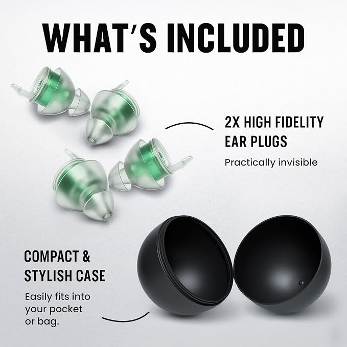 Plugz Lightweight Green High Fidelity Ear Plugs - Easy to Wear Concert Ear Protection, All-Day Comfort Earplugs Noise Cancelling Up to 23dB, Two Pairs Invisible Ear Plugs in Sleek Portable Case
