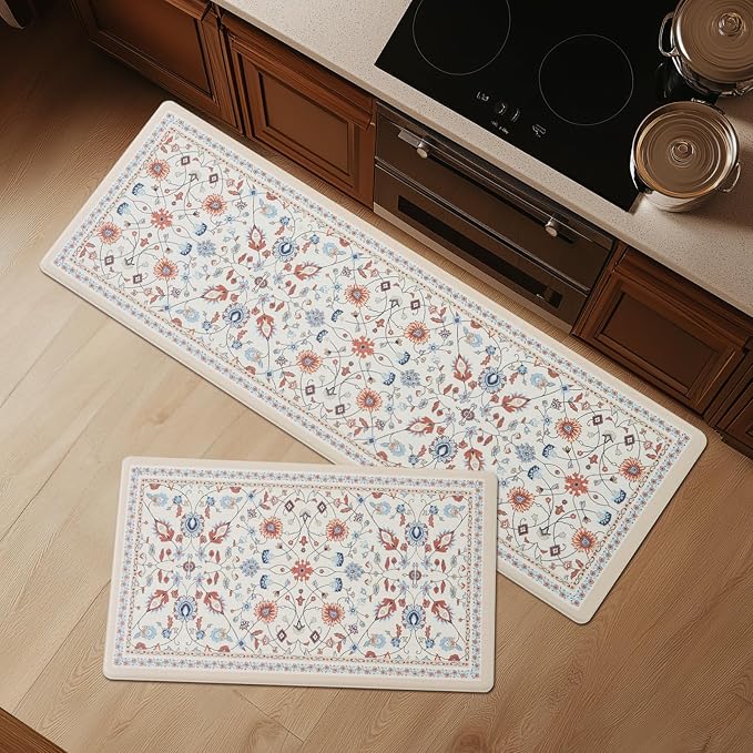 FRESHMINT Vintage Floral Kitchen Mats 2 Piece, 17x30''+17x47'', Beige | Anti-Fatigue, Non Slip, Comfort, Kitchen Decor, Easy to Clean, Waterproof, Perfect for Kitchen, Laundry, Office