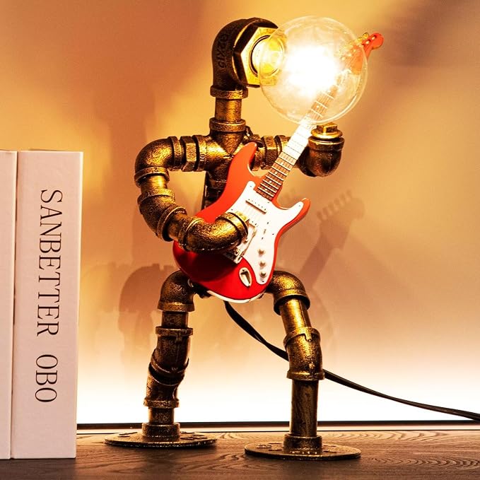 Music Guitar Table Lamp Art Decor ，Steampunk Table Lamp,Retro Guitars Steampunk lamp,Cool Industrial Metal Tube Robot Lamp Guitar Stuff Present for Men Music Lovers
