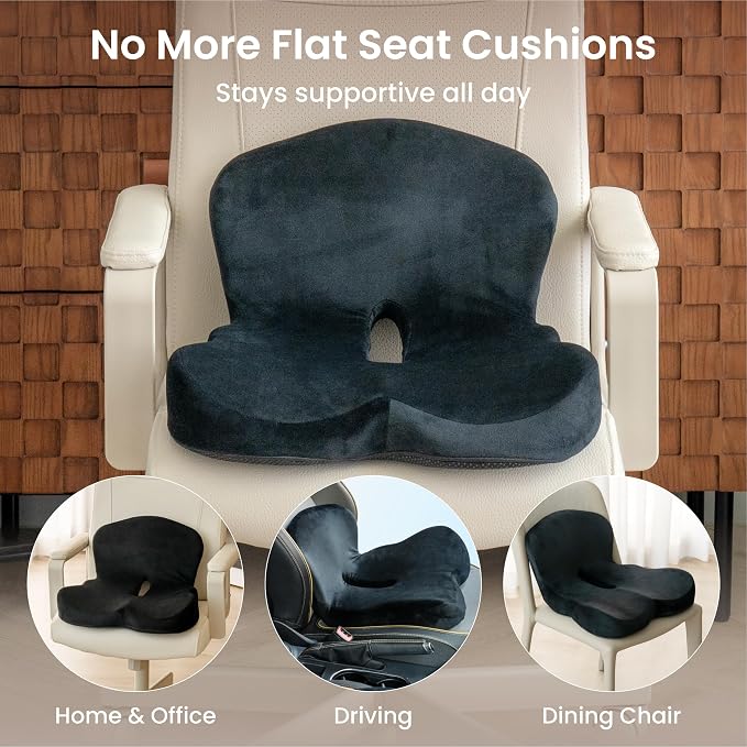 Alcedo Ergonomic Memory Foam Seat Cushion for Office Chair & Car Seat – Firm Back Support for Tailbone & Sciatica Pressure Relief, Non-Slip, Breathable & Washable Cover