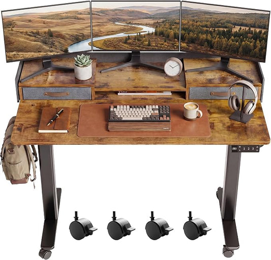 Claiks Standing Desk with Drawers & Wheels, 2 Height Shelf 48" Rustic Brown | 2 height adjust shelf, tabletop drawers, felt fence design, sturdy supports 176 lbs, 4 wheels, 2 tire monitor stand