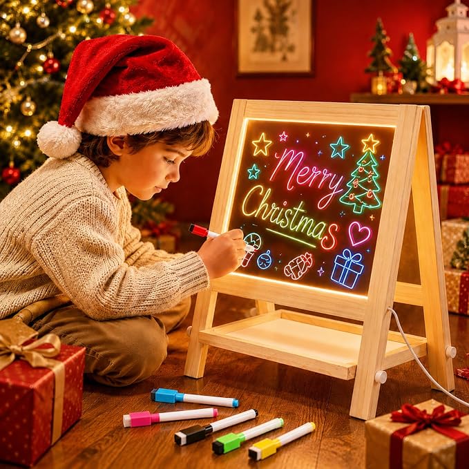 Magnetic Easel for Kids, Double-Sided LED Light Up Drawing Board Toddler | Wooden Tabletop Art Station with 7 Markers, US Map and Alphabet Number Magnets, Gift for Boys Girls 3-6