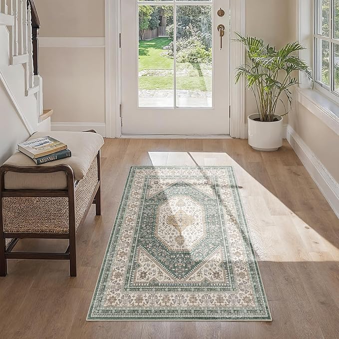 Washable 2x4 Runner Rug for Entryway: Non Slip Kitchen Rugs with Rubber Backing Soft Pet-Friendly Mats Stain Resistant Low Pile Carpet for Hallway Bedroom Bathroom Laundry Home Decor Green/Beige