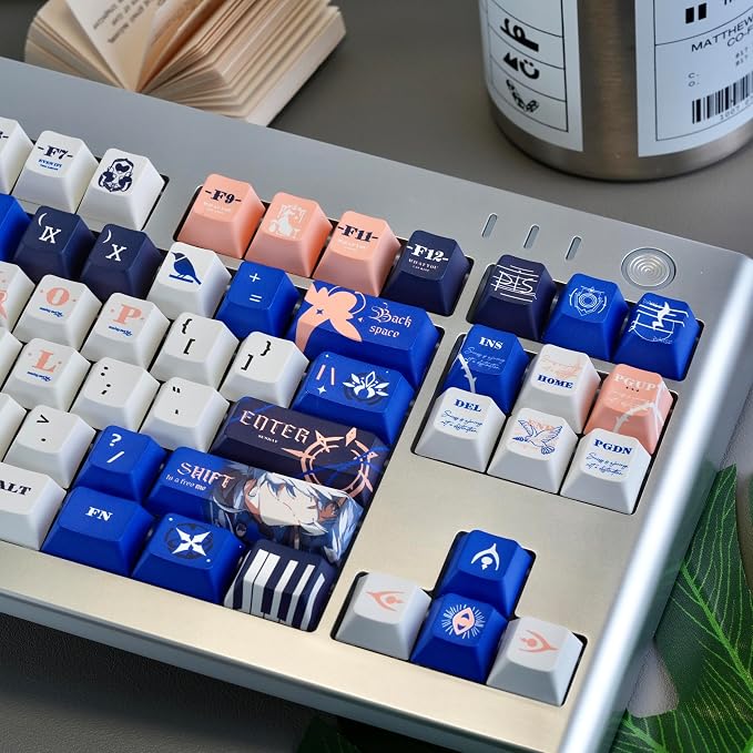 PBT Material Keycaps 130 Keys，Japanese Anime Style Keycaps Cherry Profile Dye Sublimation Keycap Blue White Custom Key Cap Set for Mechanical Keyboard 61/64/75/84/87/104/108 Layout