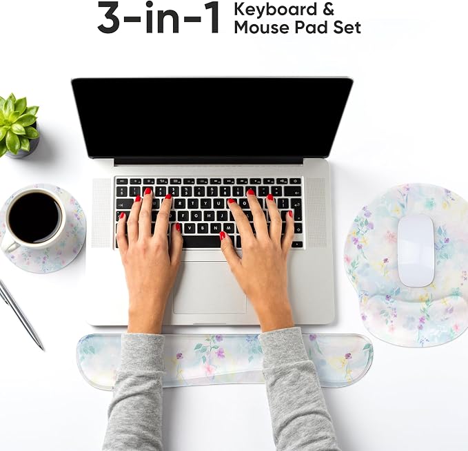 Ergonomic Keyboard Mouse Pad Wrist Rest Support Set for Laptop/Computer/Desktop,Memory Foam Hand Rest Wrist Cushion for Gaming/Office,Lightweight Comfortable & Pain Relief (Colorful Flowers)
