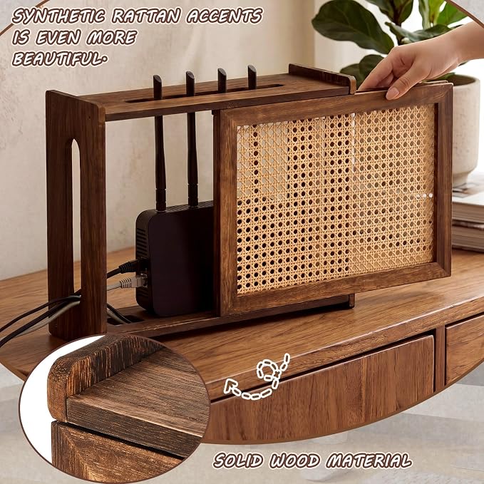 Wi-Fi Router Box Hider, Wi-Fi Router Storage Box with Synthetic Rattan Decor, Modem Cable Cover Organized, Power Strip Cable Hider Rack(Dark Wood Color,15.8 x 5.5 x 13.4 Inches,Wood)