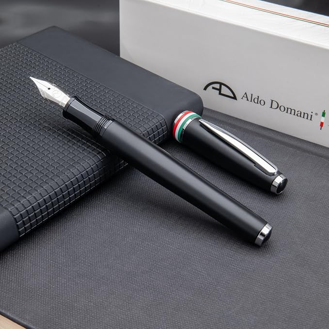 Monteverde USA Aldo Domani Italia Fountain Pen Matte Black - Medium Nib - Luxury Writing Pen - Italian Design - JoWo Stainless Steel Nib - Smooth Ink Flow - Refillable - Gift Box Included