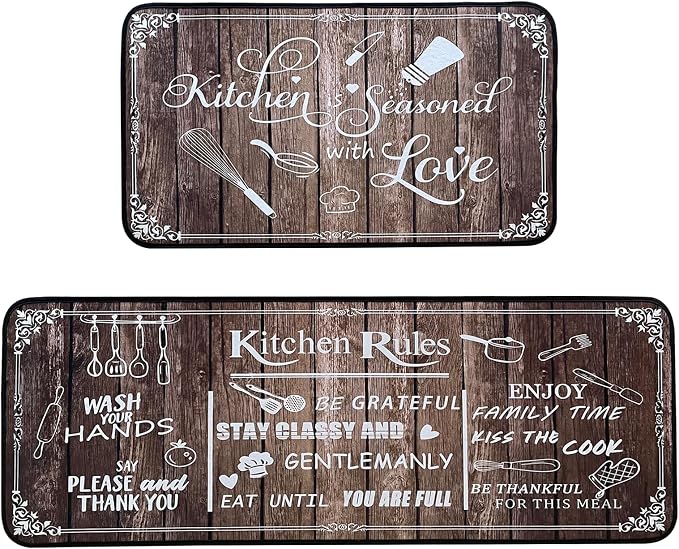 Voanos Brown Kitchen Rugs,Non Skid Washable Microfiber mats for Kitchen Floor, Kitchen Rules Theme Cushioned Runner Rug Decor Sets of 2 Pieces,17"x 47"+17"x 30"