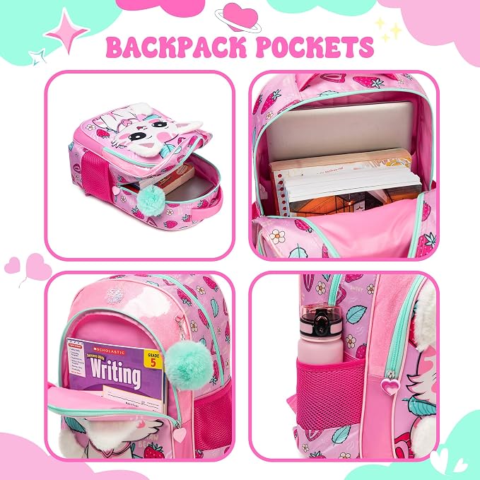 Kids Backpacks for Girls Backpack for School Cute Cat Travel Backpack for Kids with Lunch Box Kawaii Bookbag for Girls Back to School Supplies