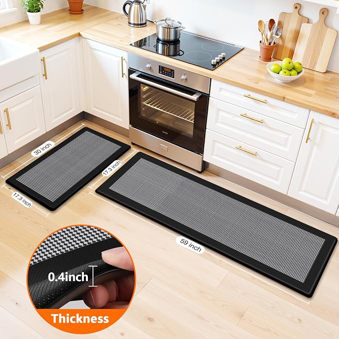 Kitchen Mats, 2PCS Kitchen Rugs for Floor, Cushioned Anti-Fatigue Mats for Kitchen Floor, Non-Slip Standing Desk Mat for Sink, Home, Laundry & Office, 17.3"x30"+17.3"x59" (Black)