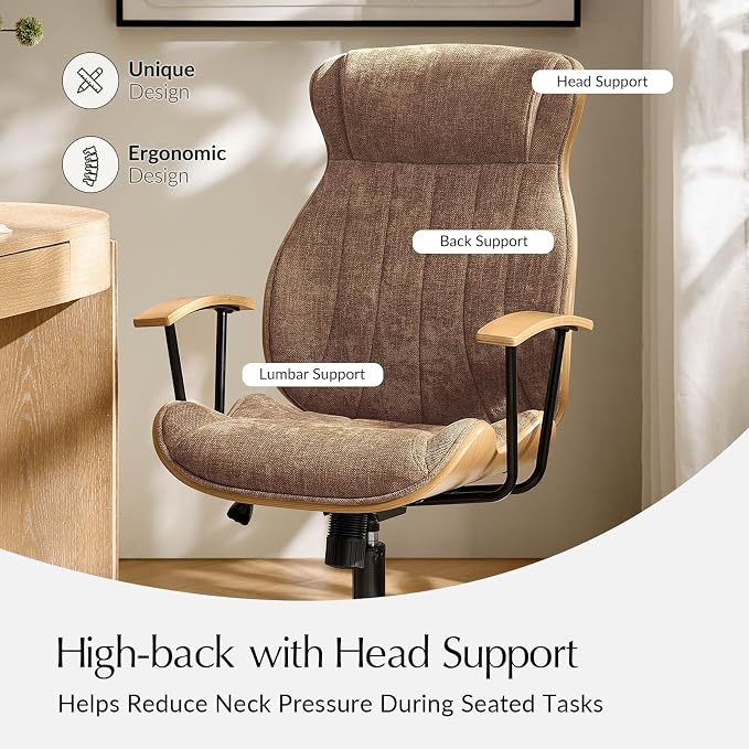 HULALA HOME Solid Wood Office Chair with High Backrest, Camel | Mid Century Modern Bentwood Desk Chair with Tilt Function, Swivel Fabric Computer Task Chair, Height Adjustable, Metal Base