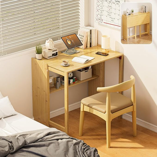 Bamboo Foldable Desk, Folding Desks for Small Spaces, Mid Century Small Computer Desk with Bookshelf for Bedroom Home Office, Natural