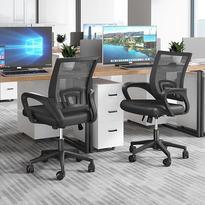 OS MOTOR Ergonomic Mid-Back Mesh Office Chair (Black, 2 Pack) | Lumbar Support, Adjustable Height, Swivel Rolling Design, Comfy Armrest, Home, Office, Work, Study, Gaming, Vanity