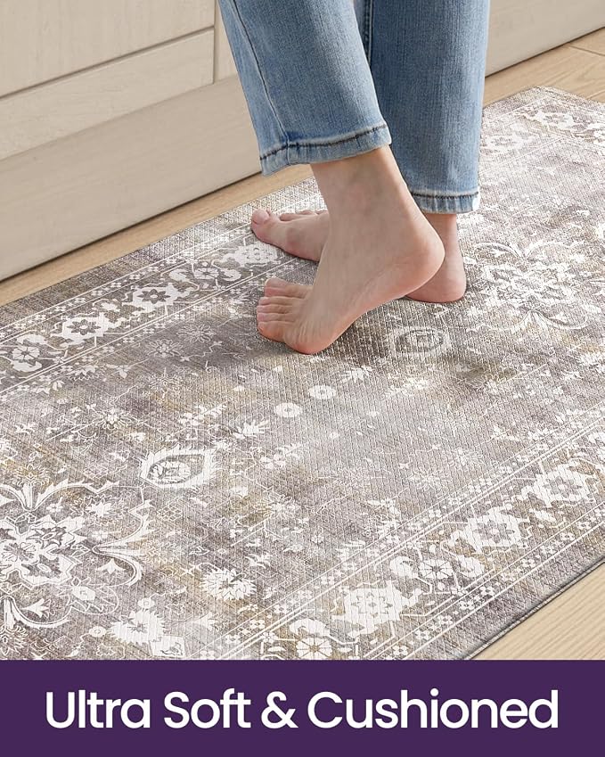 DEXI Kitchen Floor Mats Cushioned Anti Fatigue, 23x59 Long Wide Standing Comfort Runner Rug, Waterproof Retro Floral Memory Foam Padded for Front Sink Laundry, Grey Floral