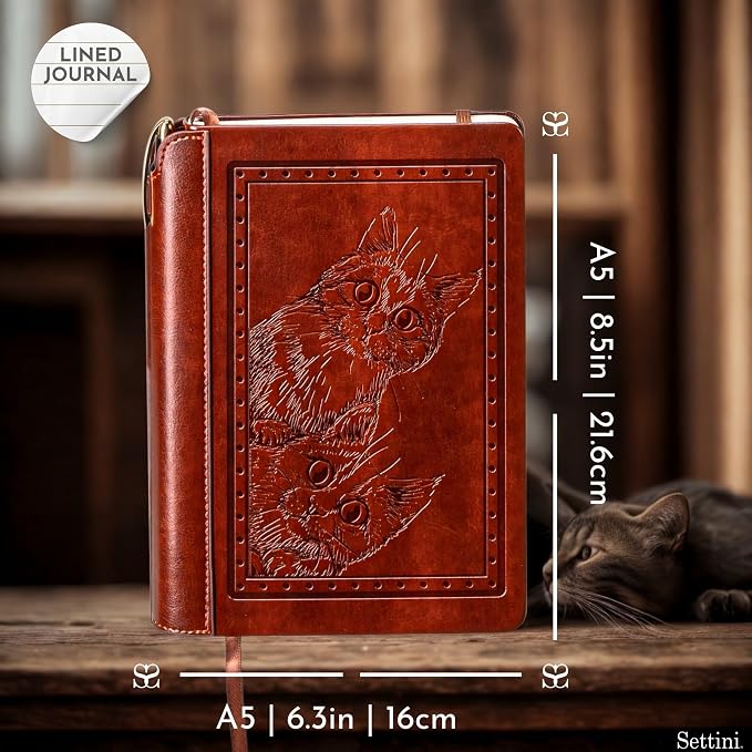 SETTINI® Lined Journal - Cat Journal for Writing Gift Set - Hardcover Vegan Leather, Includes Luxury Pen in a Unique Pen Holder, 192 Pages, A5, Birthday Gift, Journal for Women