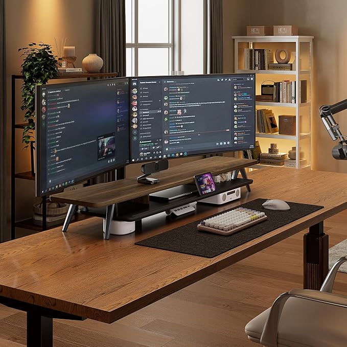 Fenge Dual Monitor Stand Riser, Wooden Desk Shelf with 2-Tier Storage | 47.3-Inch Extra Wide, Sturdy Aluminum Legs, Built-In Phone & Tablet Slot, Desktop Organizer for Office Accessories