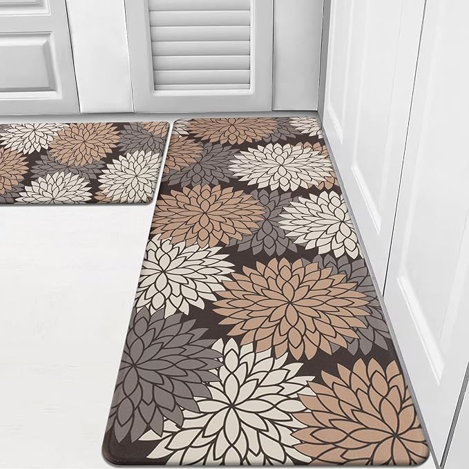 HEBE Anti Fatigue Kitchen Rugs Set of 2, Cushioned Kitchen Mats for Floor | Non Slip Washable Kitchen Runner Rug Set, Floral Stain Resistant Waterproof Comfort Mat Carpet for Sink, Standing Desk