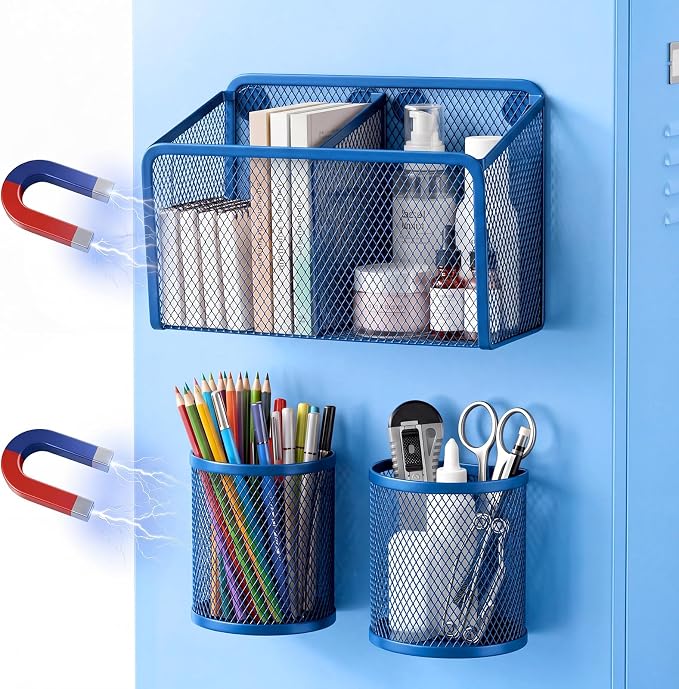 Marspark 3 Pcs Magnetic Pen Holder Set Metal Pencil Holder with Strong Magnets Wire Mesh Storage Basket Organizer for Locker Accessories Whiteboard Refrigerator School Office Dorm(Blue)