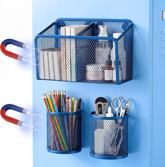 Marspark 3 Pcs Magnetic Pen Holder Set Metal Pencil Holder with Strong Magnets Wire Mesh Storage Basket Organizer for Locker Accessories Whiteboard Refrigerator School Office Dorm(Blue)