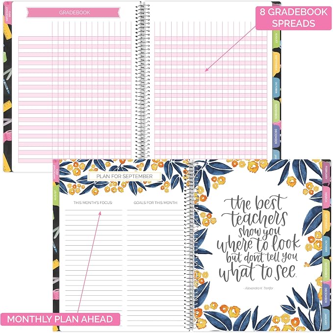 bloom daily planners Undated Academic Year Teacher Planner & Calendar - 7 Period Lesson Plan Organizer Book with Frosted Protective Cover (9" x 11") - Chalkboard