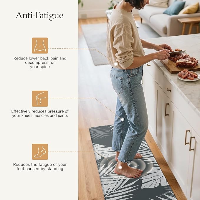 GENIMO Anti Fatigue Kitchen Mats for Floor 2PCS, Cushioned Standing Mats | 17.3"x59"&17.3"x30", Light Grey vintage floral rug set, waterproof, non slip, easy-clean for farmhouse