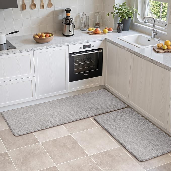 Collive Kitchen Mats Cushioned Anti Fatigue, Modern Abstrac Waterproof Kitchens Floor Mat Non Slip Sink Rug 2 Piece, Comfort Desk Standing Rugs for Office, Laundry, 17"x29"+17"x47", Light Grey