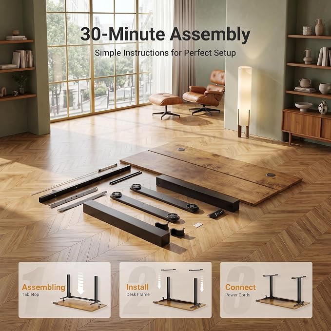 Claiks 55 x 24 Inch Rustic Brown Electric Standing Desk | Adjustable Height, Sit Stand, 3 Memory Presets, Cable Management, Spacious Ergonomic, Home Office & Bedroom
