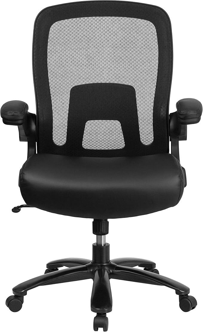 Flash Furniture Big & Tall Swivel Office and Gaming Chair with LeatherSoft Seat, Mesh Office Chair with Flip-Up Armrests and Adjustable Height, Black | Ergonomic, Adjustable Lumbar, Mesh Back, 500 LBS. Weight Capacity, LeatherSoft Upholstery, Flip-Up P...