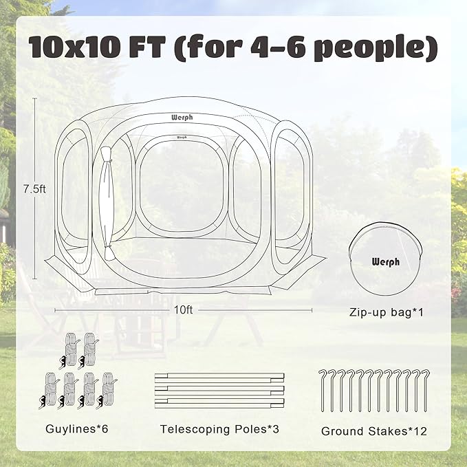 Werph 10x10 Pop Up Screen Tent, Mosquito Net Gazebo, UV Resistant, Green | Roof Waterproof Screen Canopy, Quick Setup Outdoor Shelter for Backyard, Patio, Garden, Picnic, Camping and Events