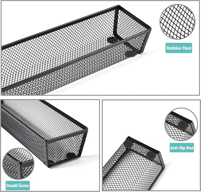 BYCY Silverware Drawer Organizer, Mesh Utensil Organizer for Kitchen Storage, Black Steel Metal Mesh Tray for Flatware Fork Spoon Knife… (12 * 3-5P-Black)