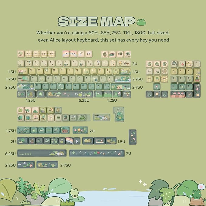 KiiBoom X Cosydiaries Rainy Froggy Day Keycap Set, 144 Keycaps, PBT Custom Keycaps for Mechanical Keyboard, Compatible with ANSI/ISO, 60%, 65%, 75%, TKL, Full-Sized Layout (MOA Profile)