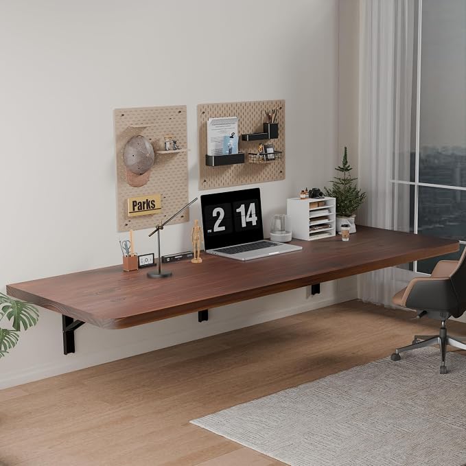 IAE Floating Wall Mounted Folding Table Desk with Pine Wood,60" x 22" Foldable Workbench,Fold Down Wall Mounted Foldable Desk with Shelf Brackets,Laundry Folding Table for Home,Dining,Kitchen, Walnut